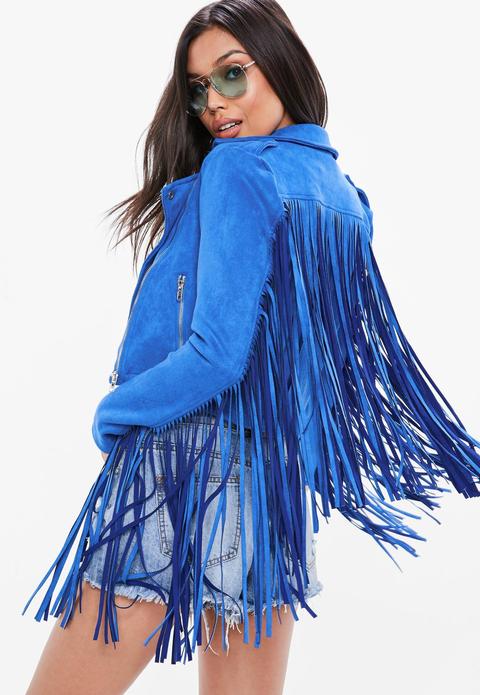 Blue Faux Fringe Biker Jacket, Royal Blue