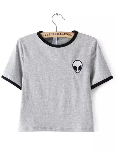 Crop T-shirt Girocollo Alieno Stampa Grigio