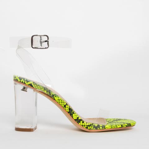 Kimana Neon Yellow Snake Clear Mid Block Heels