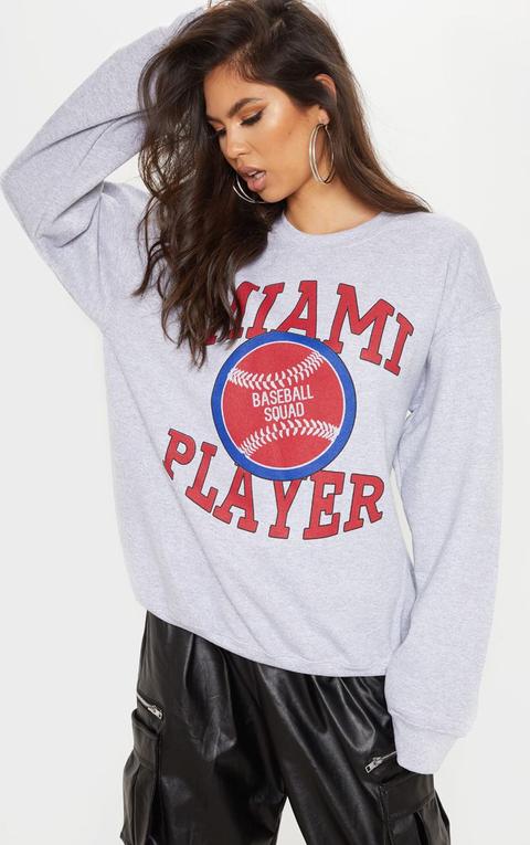 Grey Miami Baseball Slogan Oversized Sweater