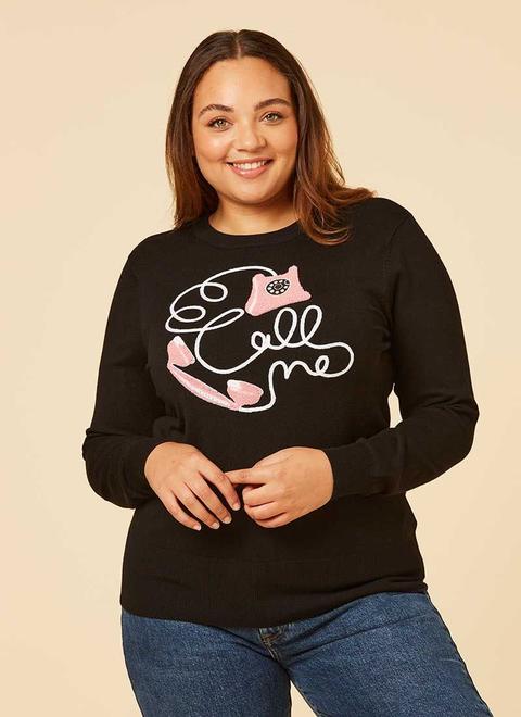 Deborah Call Me Slogan Jumper - Black - Vintage Style
