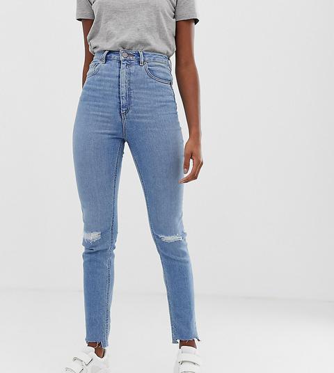Asos Design Tall Farleigh High Waisted Slim Mom Jeans In Light Vintage Wash With Busted Knee And Rip & Repair Detail - Blue
