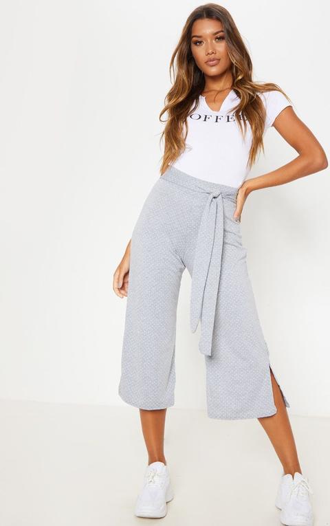 Grey Polka Dot Tie Waist Split Hem Culotte