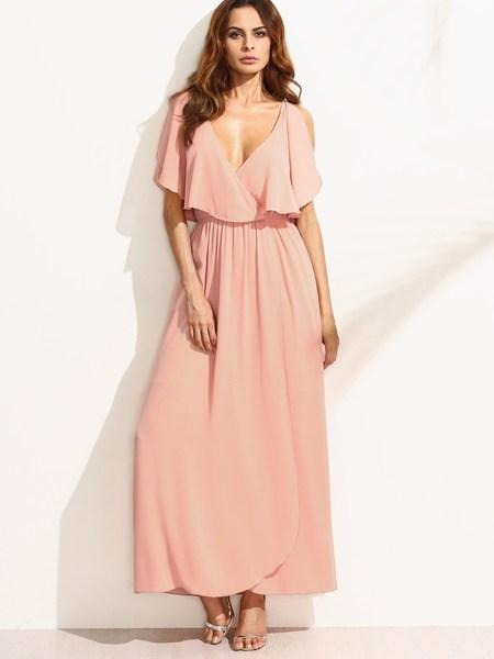 Maxi Vestito Smanicato Collo V Increspato - Rosa