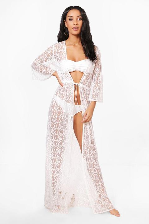 Womens Lace Maxi Beach Kimono - White - M