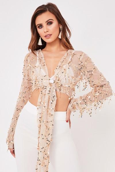 Meghan Nude Mesh Sequin Tie Front Crop Top
