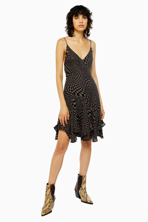 Womens Idol Black Godet Checkboard Mini Slippy Dress - Black, Black