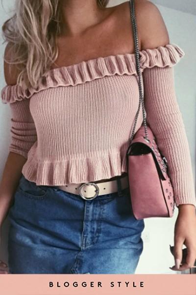 Hallie Nude Bardot Knitted Crop Top