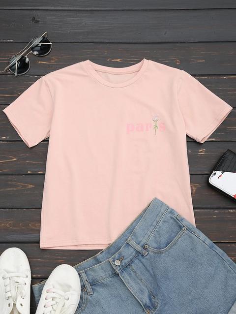 T-shirt Ricamata Rose Lettera In Cotone