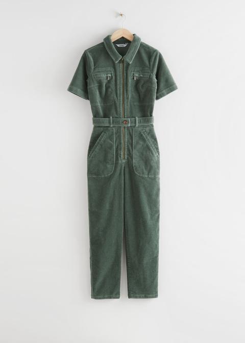 Fitted Belted Short Sleeve Jumpsuit - Green