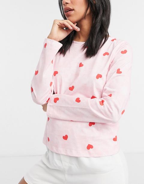 Asos Design Mix & Match Tie Dye Heart Long Sleeve Pyjama Tee In Pink