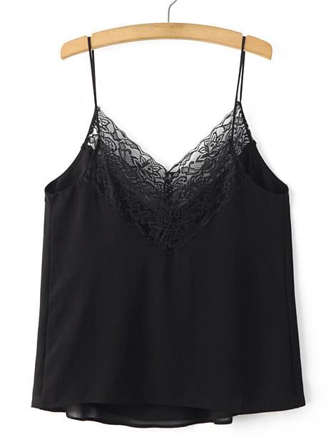 Black V Neck Spaghetti Strap Lace Chiffon Cami Top