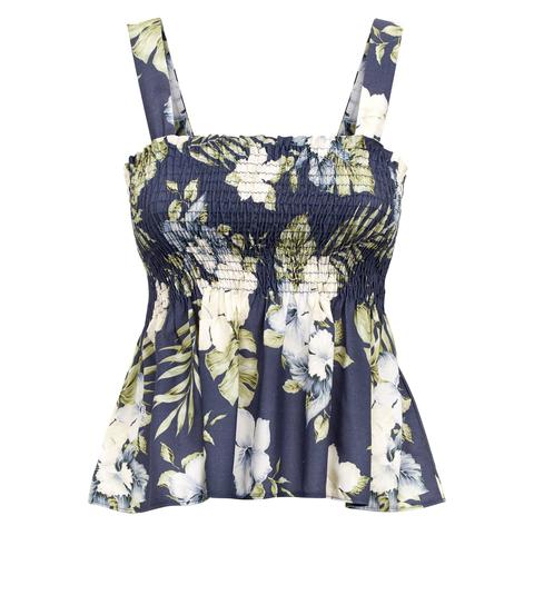Petite Blue Floral Shirred Peplum Cami Top New Look