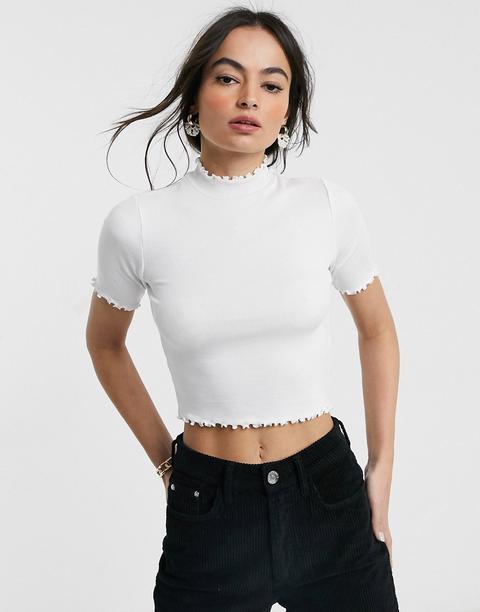 Asos Design High Neck Top With Lettuce Edge In Rib In White