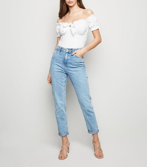 White Bow Front Bardot Crop Top New Look
