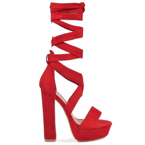 Kassie - Lace Ups Heeled Sandals In Red Suede