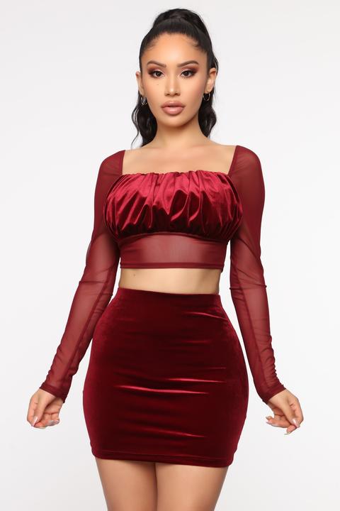 Sweet Velvet Dreams Skirt Set - Burgundy