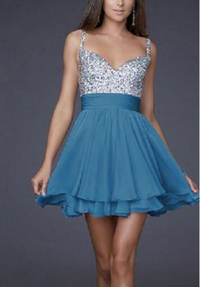 Blue Patchwork Backless Sequin Condole Belt Fashion Mini Dress