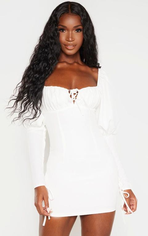 White Puff Sleeve Lace Up Bodycon Dress, White