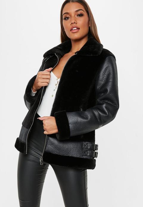 Petite Black Faux Fur Ultimate Aviator Jacket, Black from Missguided on 21  Buttons