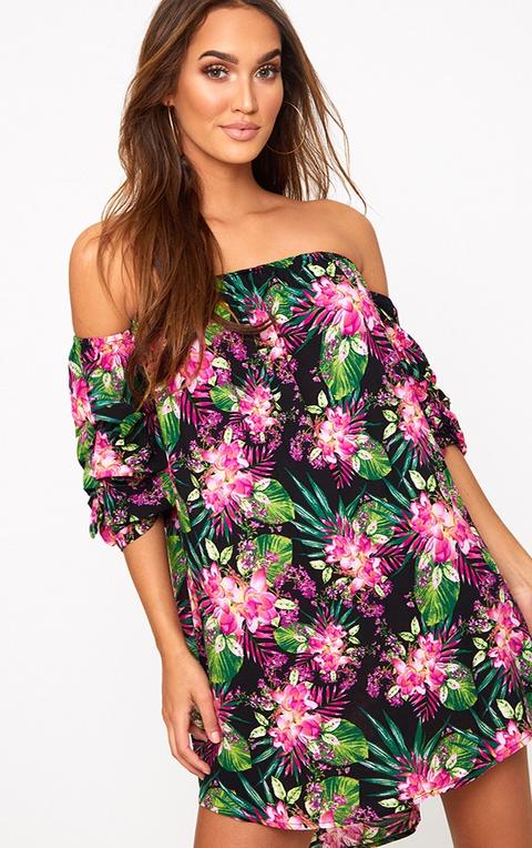 Black Floral Ruched Bardot Sleeve Shift Dress