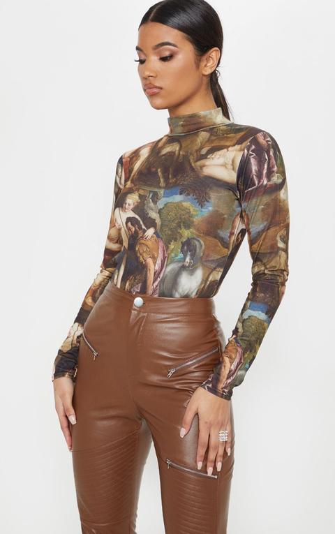 Multi Renaissance Printed High Neck Long Sleeve Bodysuit