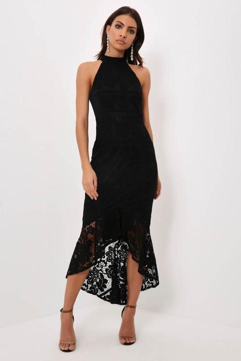 Black Halter Neck Midi Lace Dress