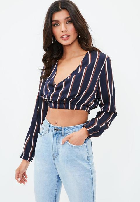 Navy Stripe Elastic Wrap Crop Top, Navy