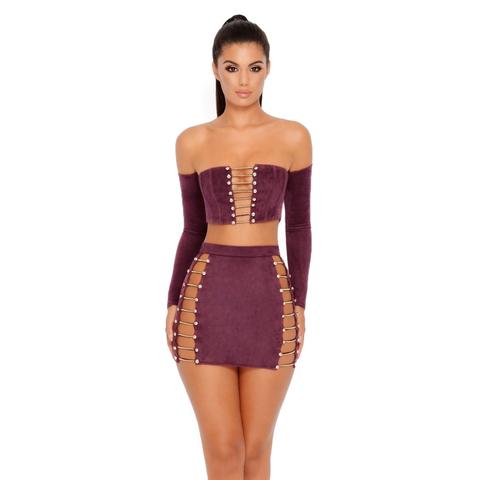 No Chain No Gain Suede Bardot Two Piece Set In Purple