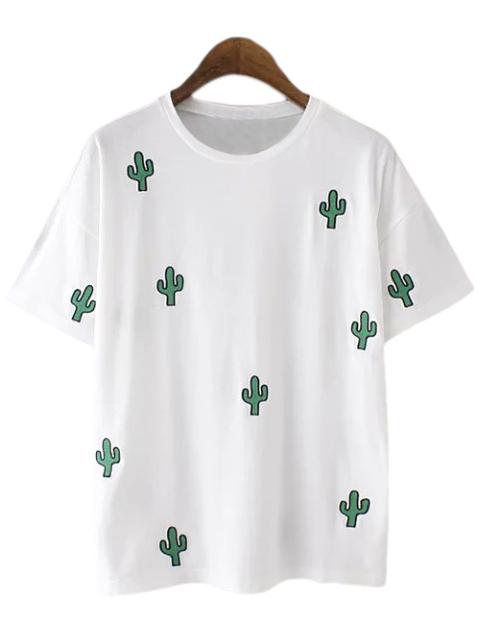 Camiseta Cactus Bordada Casual -blanco