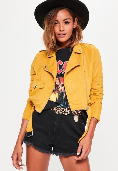 Faux Suede Belted Biker Jacket Mustard, Mustard