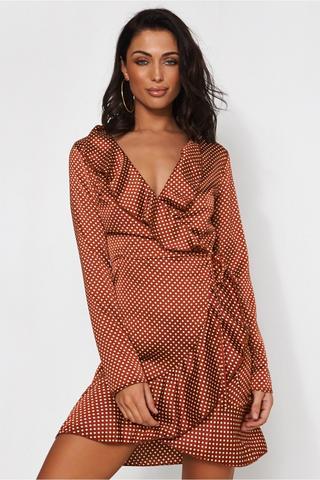 Rust Polka Dot Satin Wrapover Dress