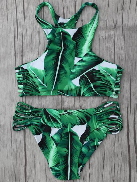Bikini Stampato Foglie Con Collo Alto
