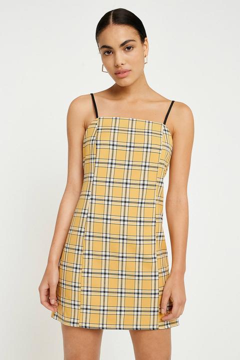 Uo Bright Yellow Checked Slip Dress - Womens L