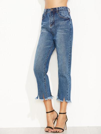 Jeans Diritti Con Spacco Orlo Blu