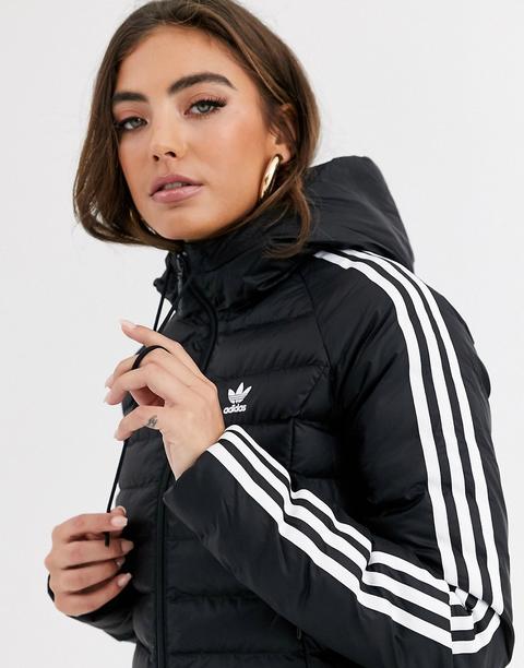 Chaqueta Acolchada Negra Con Diseño Entallado Y Tres Rayas De Adidas Originals-negro