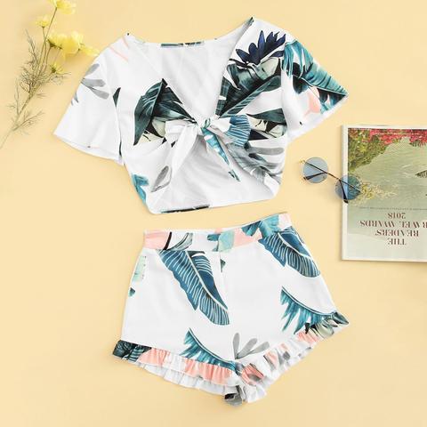 Top Con Nodo E Stampa Tropicale E Shorts Con Volant