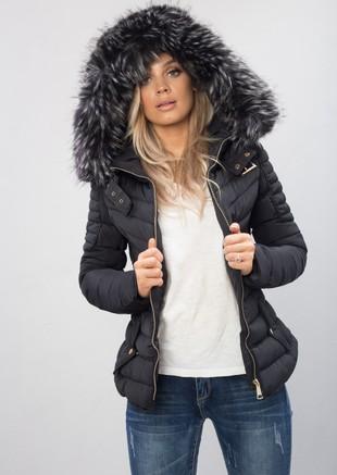 black puffer jacket with belt and fur hood