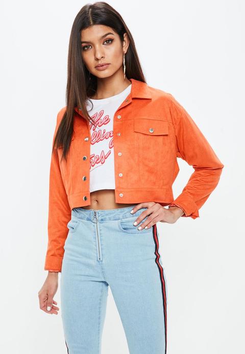 Petite Orange Suedette Trucker Jacket, Orange