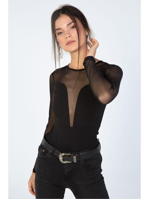 Black Mesh Insert Plunge Bodysuit