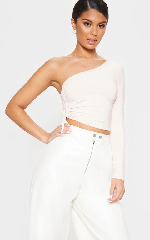 Nude Slinky One Shoulder Ruched Crop Top