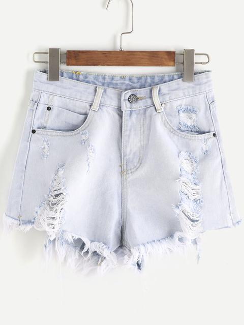 Pale Blue Ripped Raw Hem Denim Pantalones Cortos