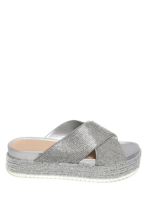 Sassy Silver Cross Over Diamante Strap Espadrilles