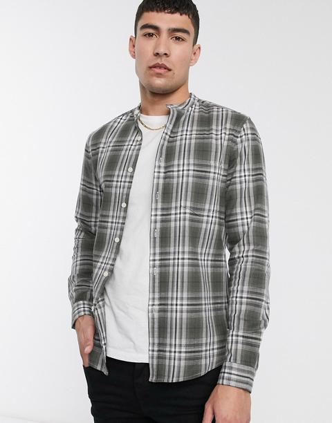 Asos Design Slim Fit Check Shirt With Grandad Collar In Khaki-green