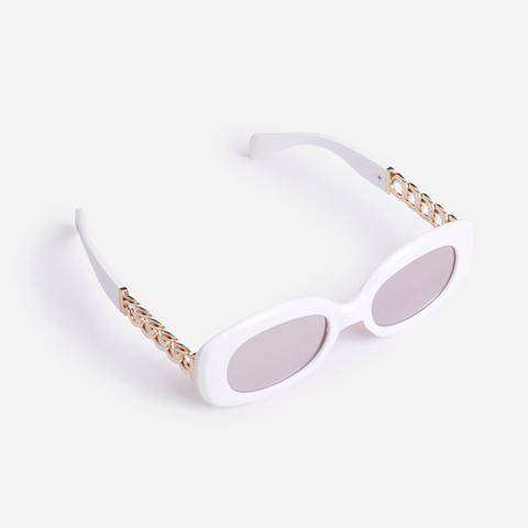 Chain Detail Oval Sunglasses In White,, White