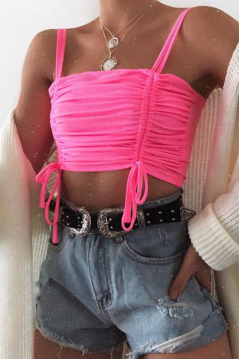 Neon Pink Slinky Ruched Detail Crop Top - Bellah