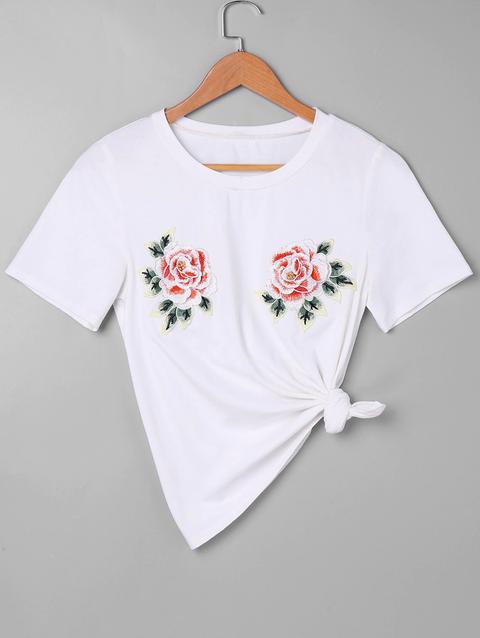 T-shirt Con Ricamo Di Rose White