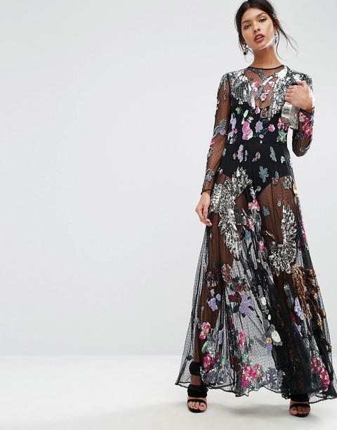 Vestido Largo Con Diseño De Pájaros Y Flores Con Adornos De Asos Salon