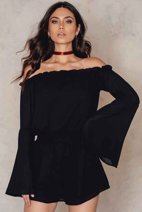 Wide Sleeve Off Shoulder Playsuit Black