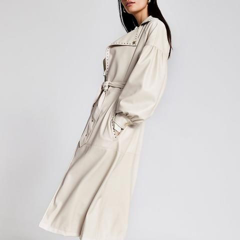 White Faux Leather Studded Belted Trench Coat